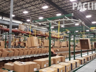 Carton conveyor delivering empty boxes to packing areas,