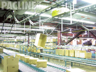 This 2000 ft long overhead conveyor with multiple drives, delivers empty cartons to order picking areas.
