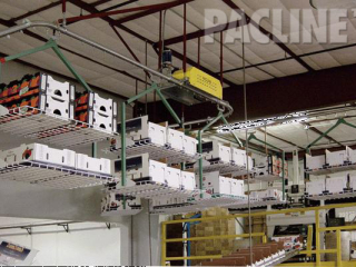 Produce cartons being conveyed above using multi-tiered &#039;gondola&#039; style carriers on PACLINE overhead conveyor.