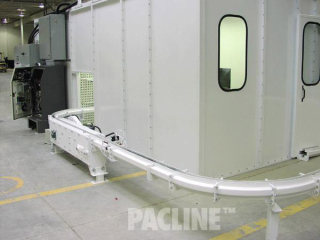 Inverted robotic spraying of plastic automotive components on highly stable, inverted S-60 conveyor.