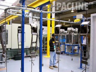 The PAC-LINE™ conveyor system for plastics finishing of automotive consoles. Floor and equipment supported conveyor.