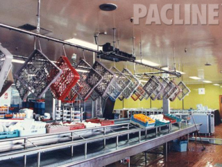 Transportation of tote baskets used for airline trays through washing system, using an enclosed track conveyor.