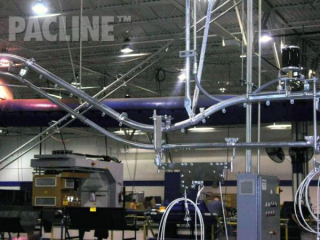 Gravity rail and trolley conveyor with power to control the speed of parts on the decline section of the conveyor.