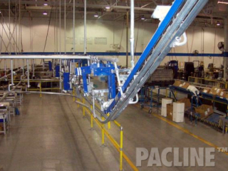 Incline elevation changes are accomplished by pushing trolleys on gravity rail up an incline conveyor section.