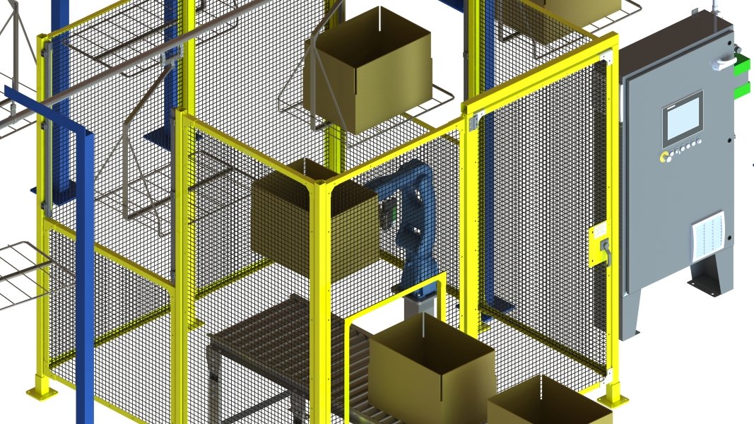 Automated material handling system for empty carton robotic loading onto a Pacline monorail conveyor